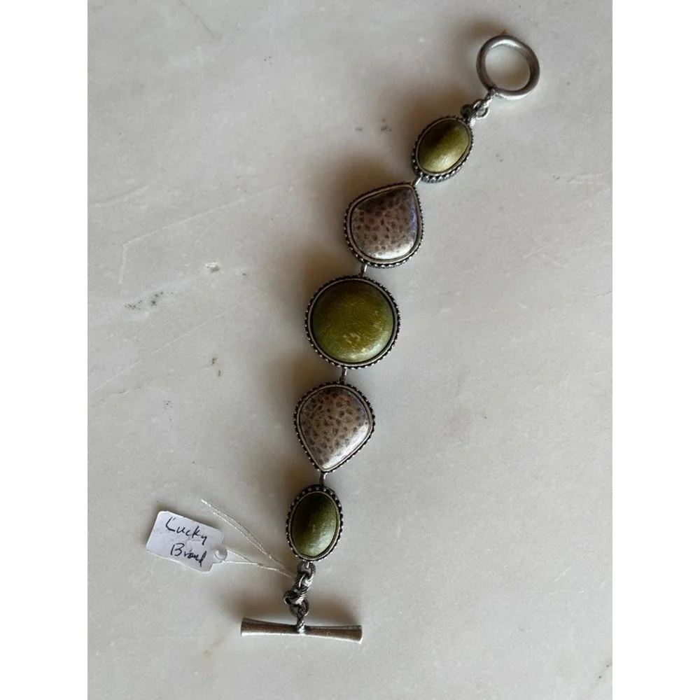 LUCKY BRAND Vintge Reversible Silver Tone Link Bracelet Toggle 8” Green Stones